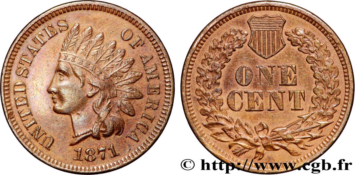 ÉTATS-UNIS D AMÉRIQUE 1 Cent tête d’indien, 3e type 1871 Philadelphie TTB 