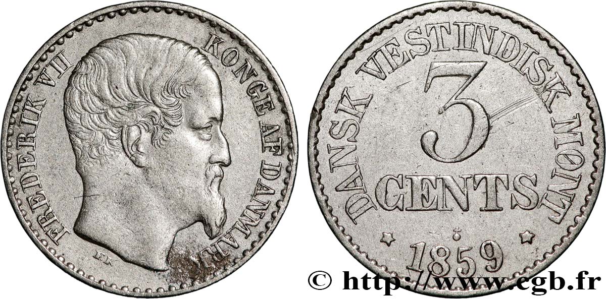 ANTILLES DANOISES (ÎLES VIERGES) 3 Cents Frederik VII 1859  TTB+ 