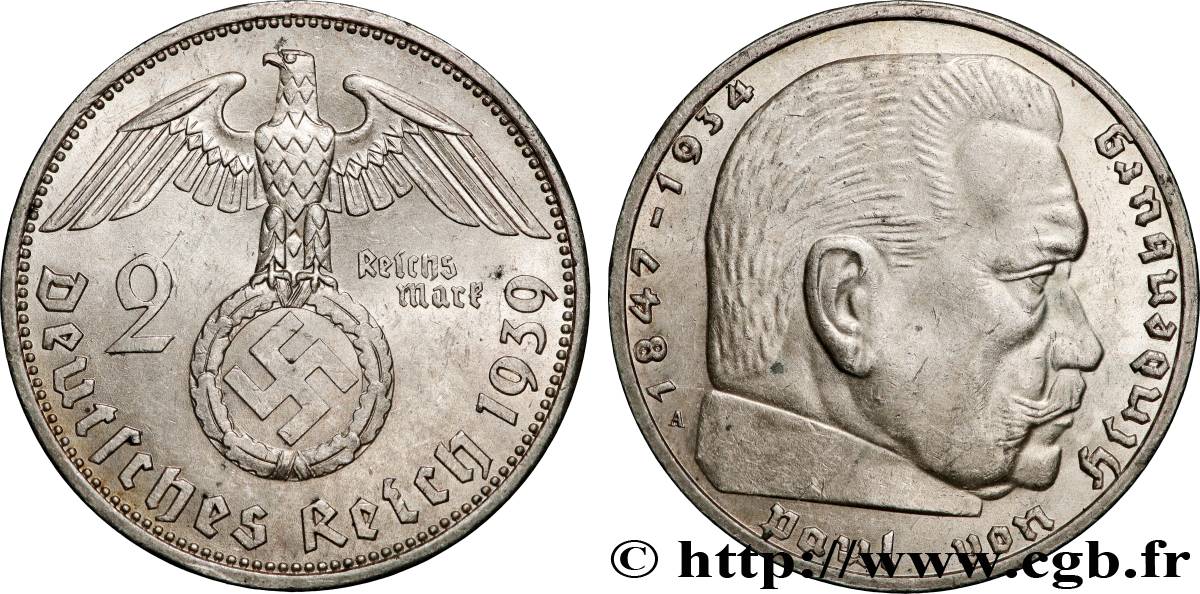 ALLEMAGNE 2 Reichsmark aigle surmontant une swastika / Maréchal Paul von Hindenburg 1939 Berlin SUP 