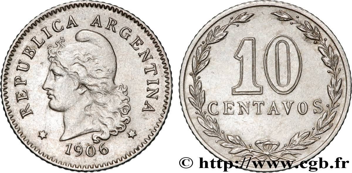 ARGENTINA 10 Centavos Liberté au bonnet 1906  AU 