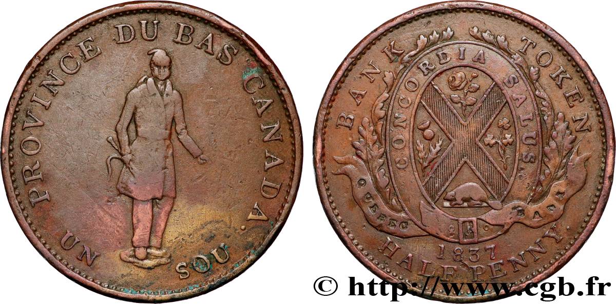 CANADA 1 Sou (1/2 Penny) Province du Bas Canada, Québec 1837 Boulton & Watt VF 