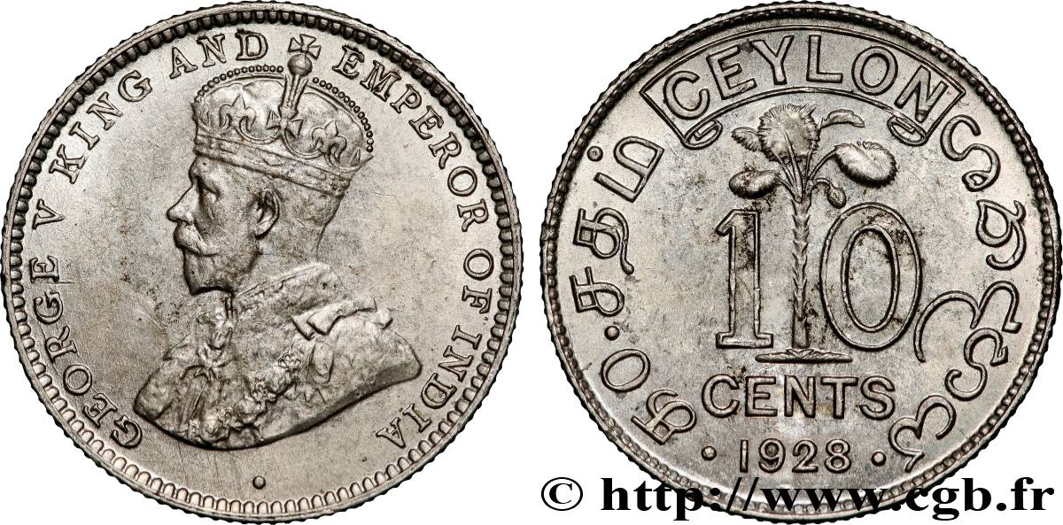 CEYLON 10 Cents Georges V 1928 Bombay AU 