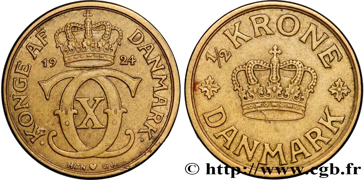 DANEMARK 1/2 Kroner Christian X 1924 Copenhague TTB+ 