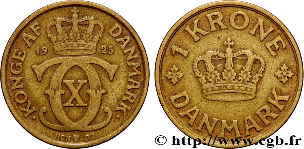 DENMARK 1 Krone Christian X 1925 Copenhague XF 