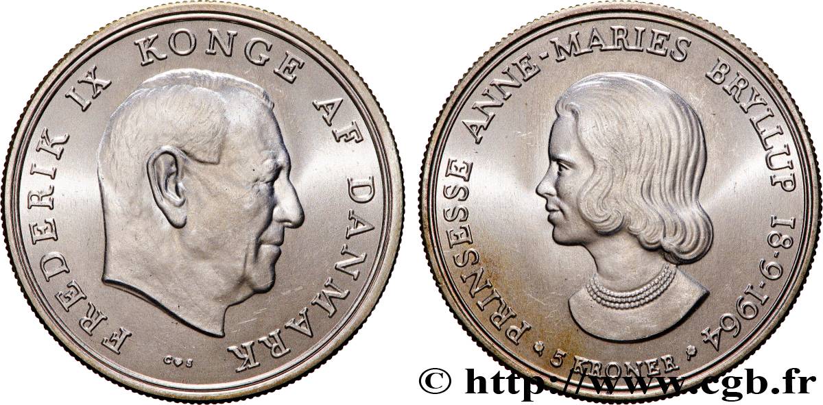 DANEMARK 5 Kroner mariage de la princesse Anne-Marie 1964 Copenhague SPL 