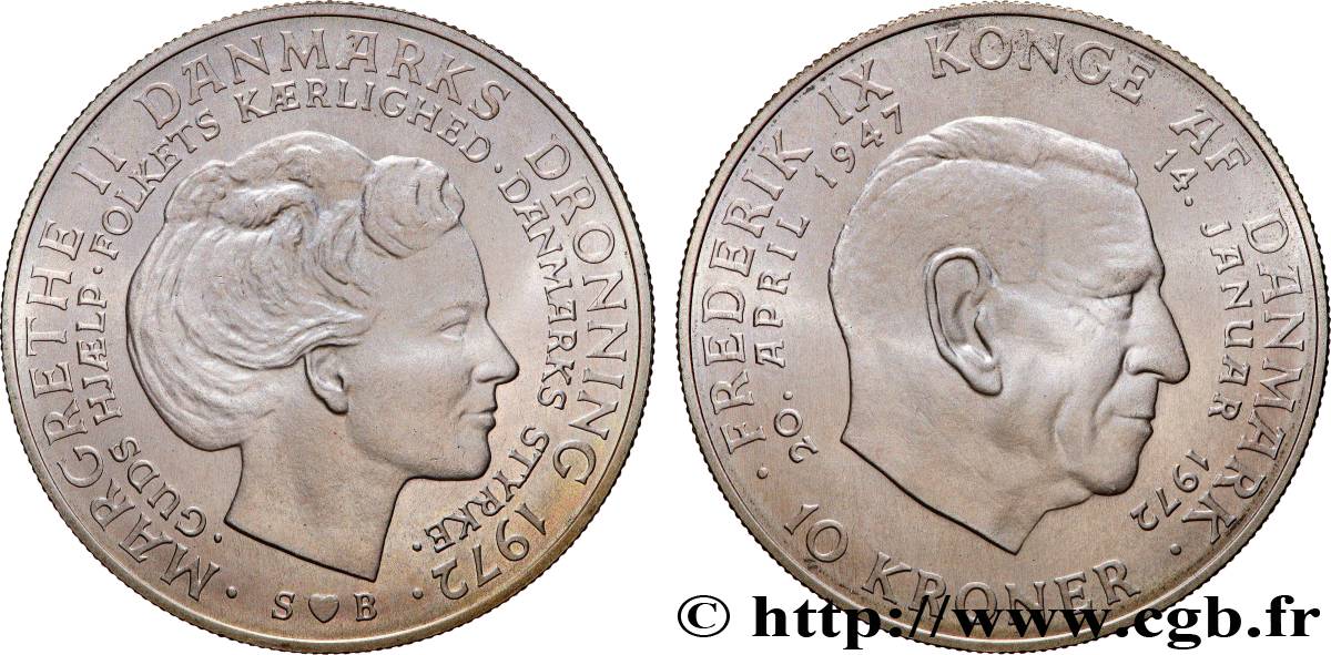 DANEMARK 10 Kroner Mort de Frederik IX et accession de Margrethe II au trône 1972 Copenhague SPL 