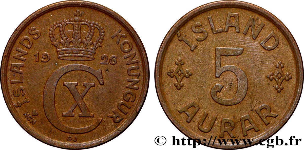 ISLANDE 5 Aurar Christian X 1926
 Copenhague SUP 