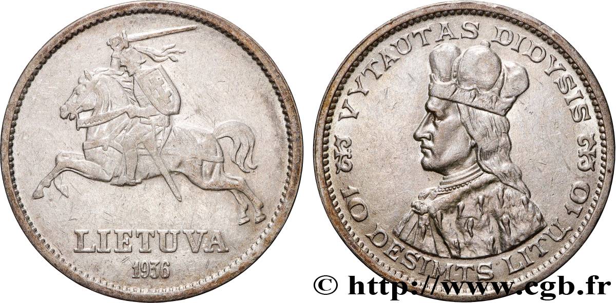 LITUANIE 10 Litu Vytautas le Grand 1936  TTB 