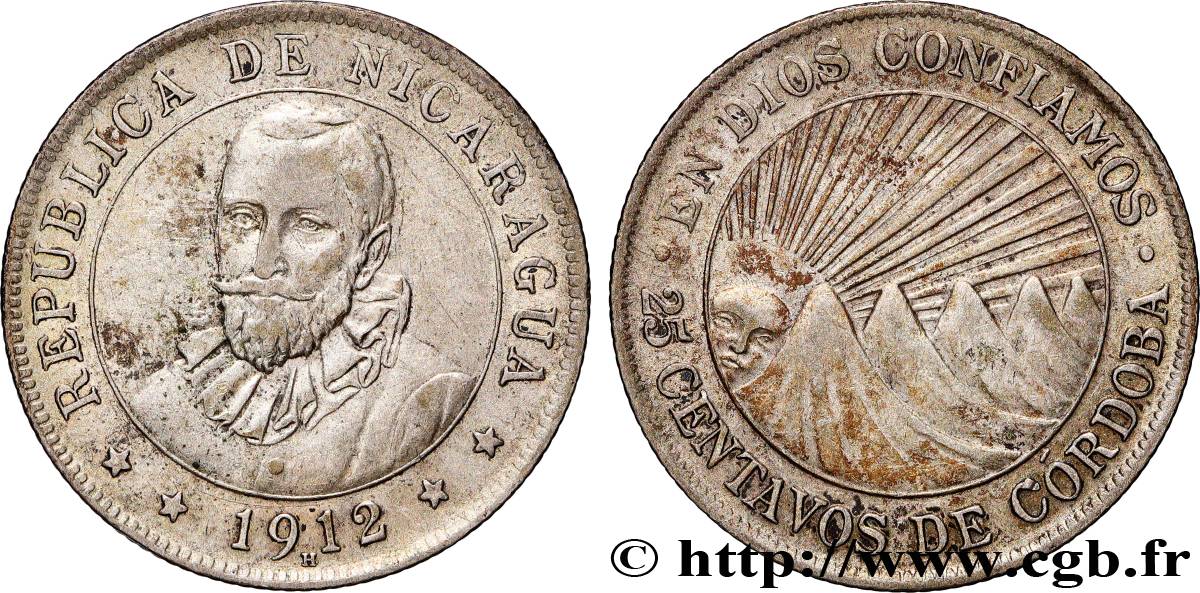 NICARAGUA 25 Centavos Francisco Nunez de Cordoba 1912 Heaton TTB 