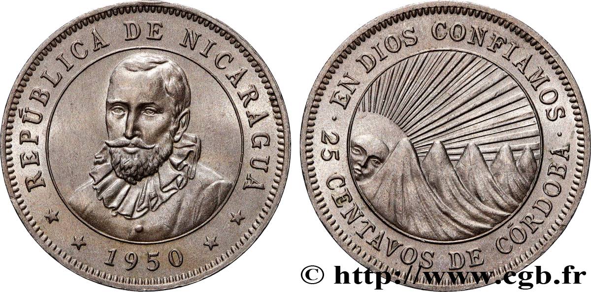 NICARAGUA 25 Centavos Francisco Nunez de Cordoba 1950  SPL 