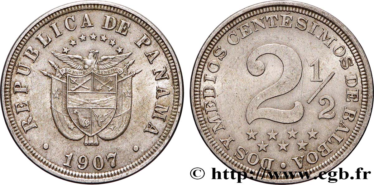 PANAMA 2 1/2 Centesimos  1907  AU 