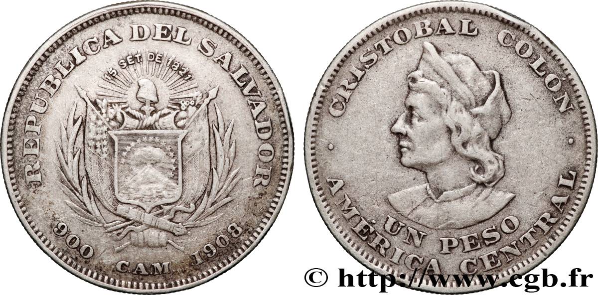 EL SALVADOR 1 Peso Christophe Colomb 1908 Bruxelles XF 