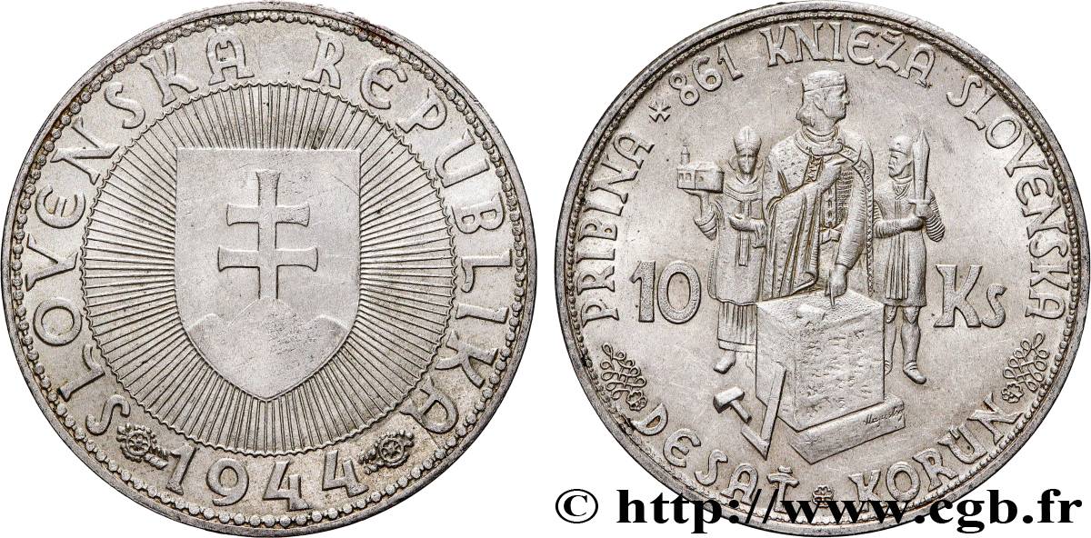 SLOVAKIA 10 Korun Prince Pribina variété avec croix sur l’église 1944 Kremnica AU 