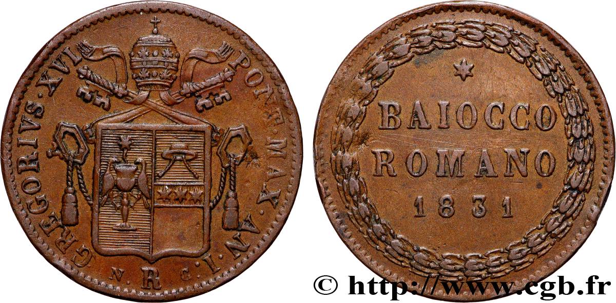 ITALIE - ÉTATS DU PAPE - GRÉGOIRE XVI (Bartolomeo Alberto Cappellari) 1 Baiocco Grégoire XVI an I 1831 Rome TTB+ 