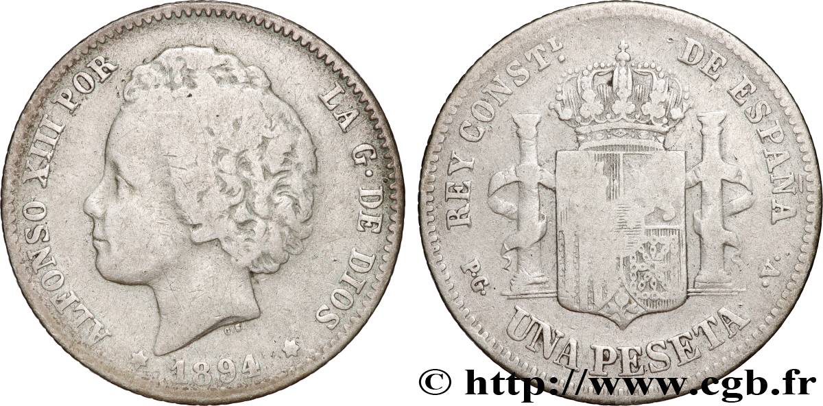 SPAGNA 1 Peseta Alphonse XIII 2e type 1894 Madrid MB 