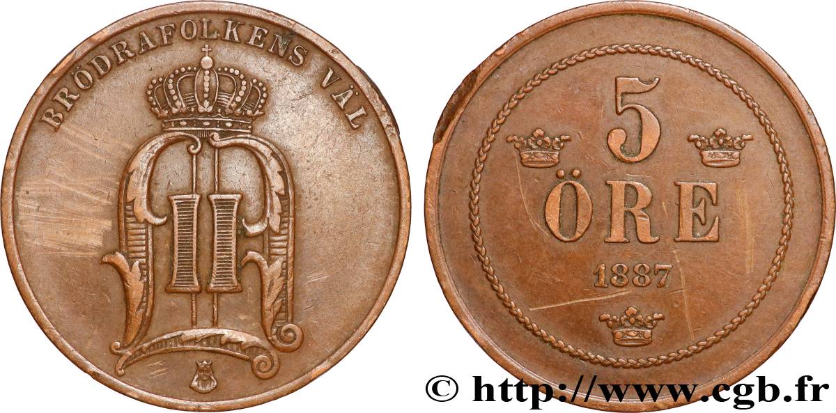 SWEDEN 5 Ore Oscar II 1887  XF 