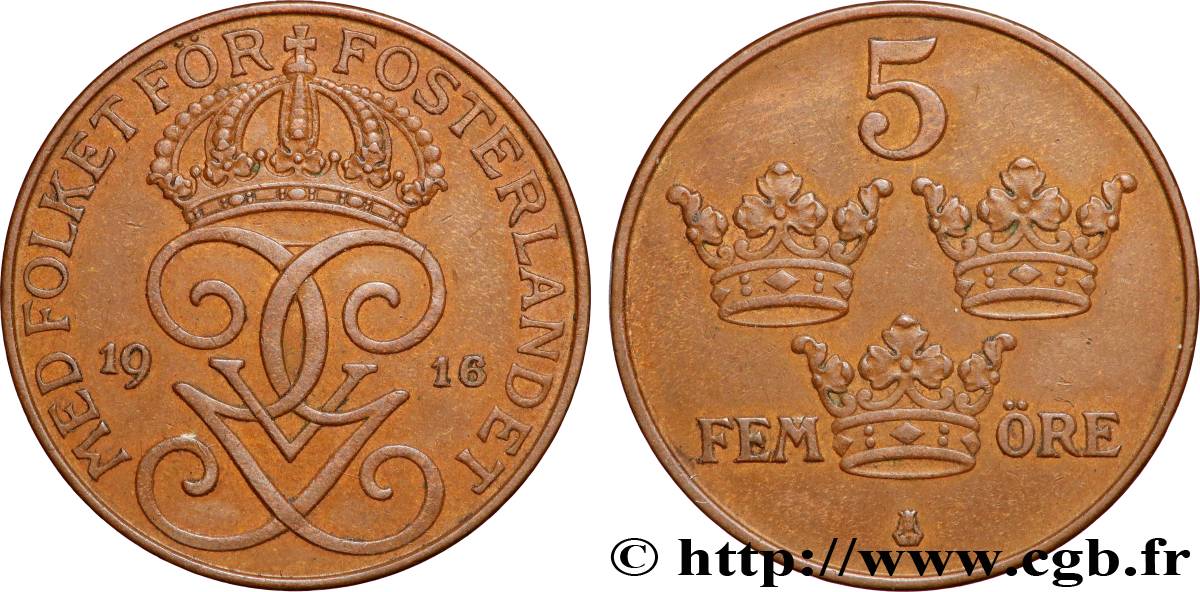 SWEDEN 5 Ore Gustave V (date 1916/5) 1916 Stockholm AU 