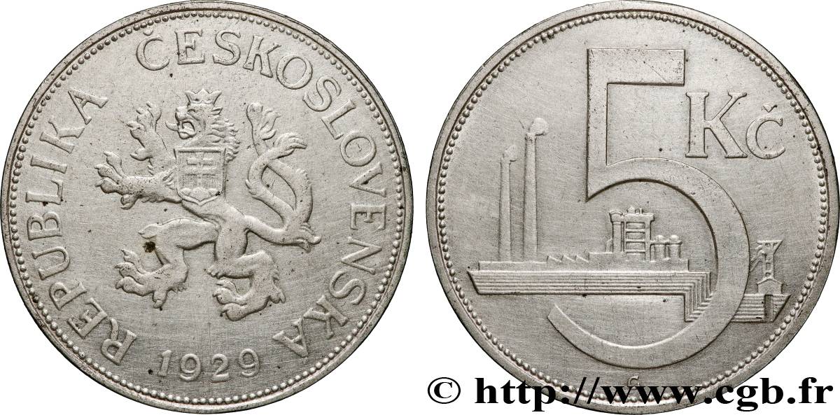 CZECHOSLOVAKIA 5 Korun 1929  XF 