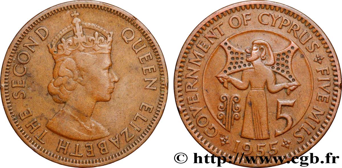 CYPRUS 5 Mils Elisabeth II 1955 Londres XF 