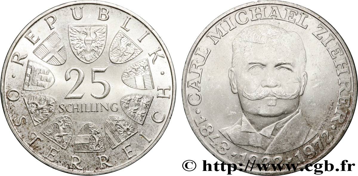 AUTRICHE 25 Schilling 50e anniversaire de la mort du compositeur Carl Michael Ziehrer 1972  SPL 