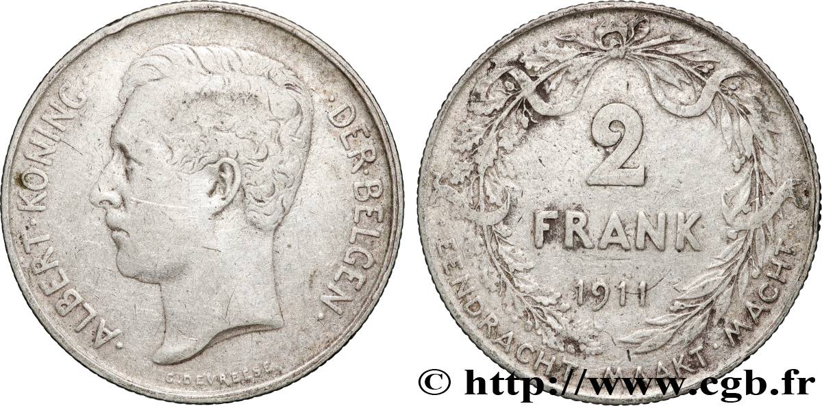 BELGIO 2 Frank (Francs) Albert Ier légende flamande 1911  q.BB 