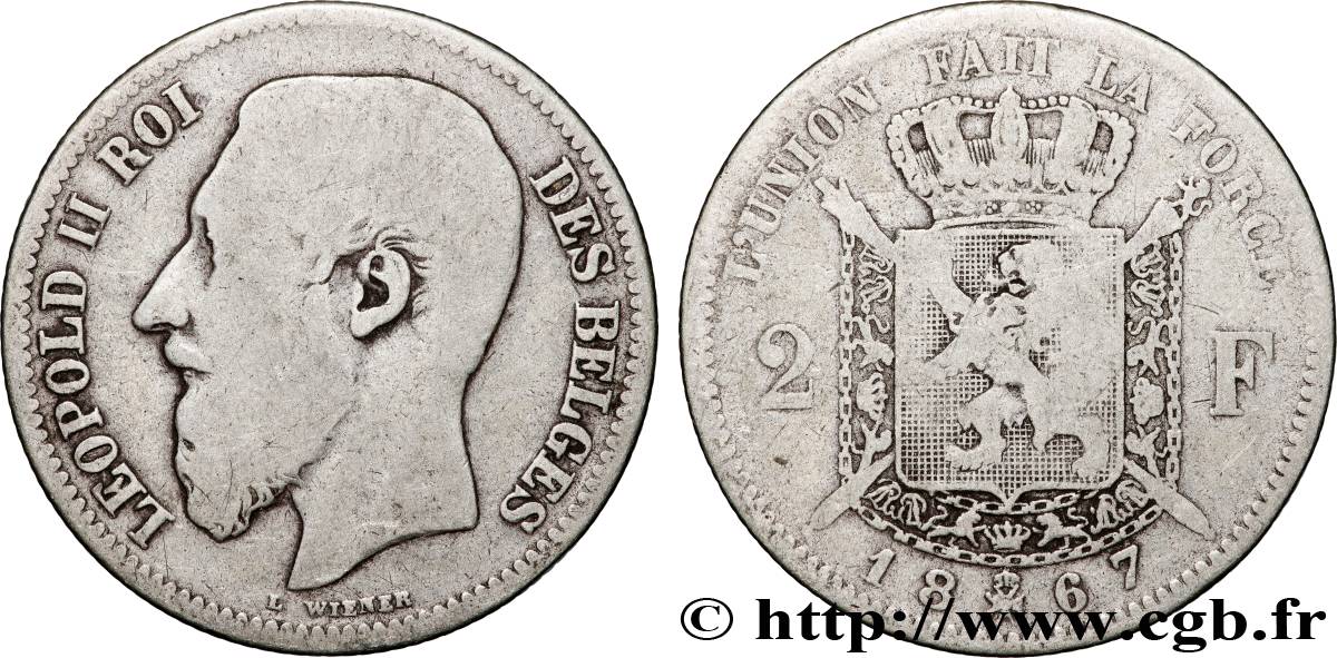 BELGIUM 2 Francs Léopold II légende française 1867  VF 