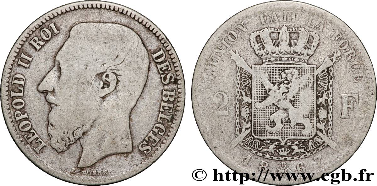 BELGIQUE 2 Francs Léopold II légende française 1867  TB 