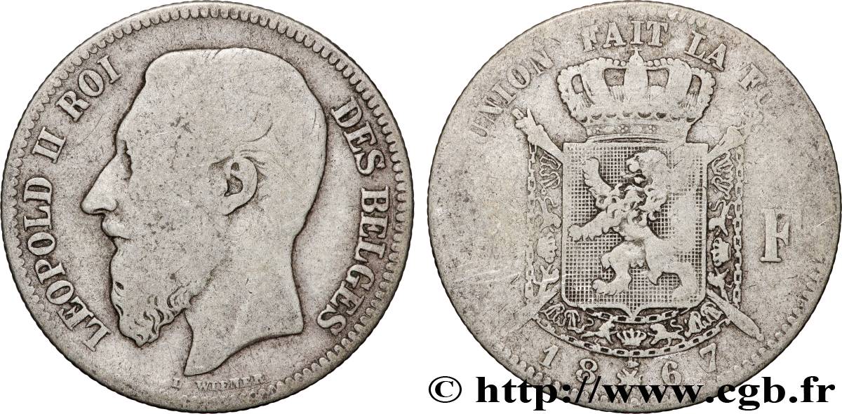 BELGIQUE 2 Francs Léopold II légende française 1867  TB 