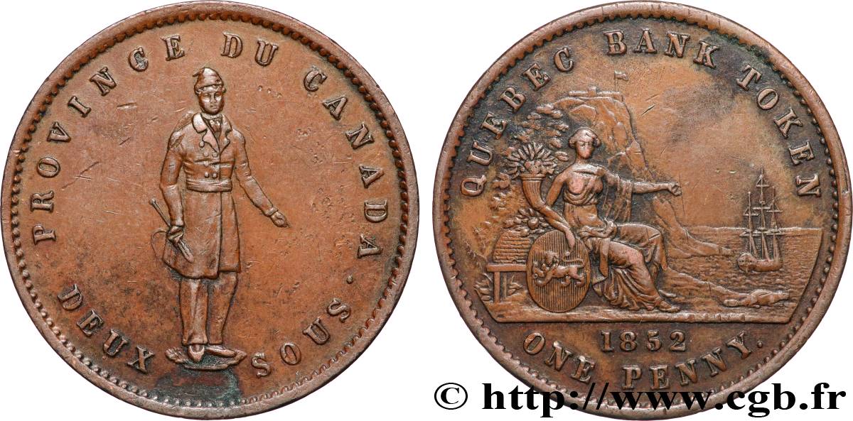 CANADA 2 Sous (1 Penny) Province du Bas Canada Québec Bank 1852 Boulton & Watt XF 