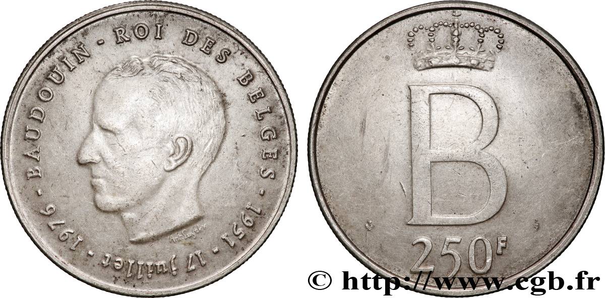 BELGIQUE 250 Francs jubilé d’argent du roi Baudouin légende française 1976 Bruxelles TTB+ 