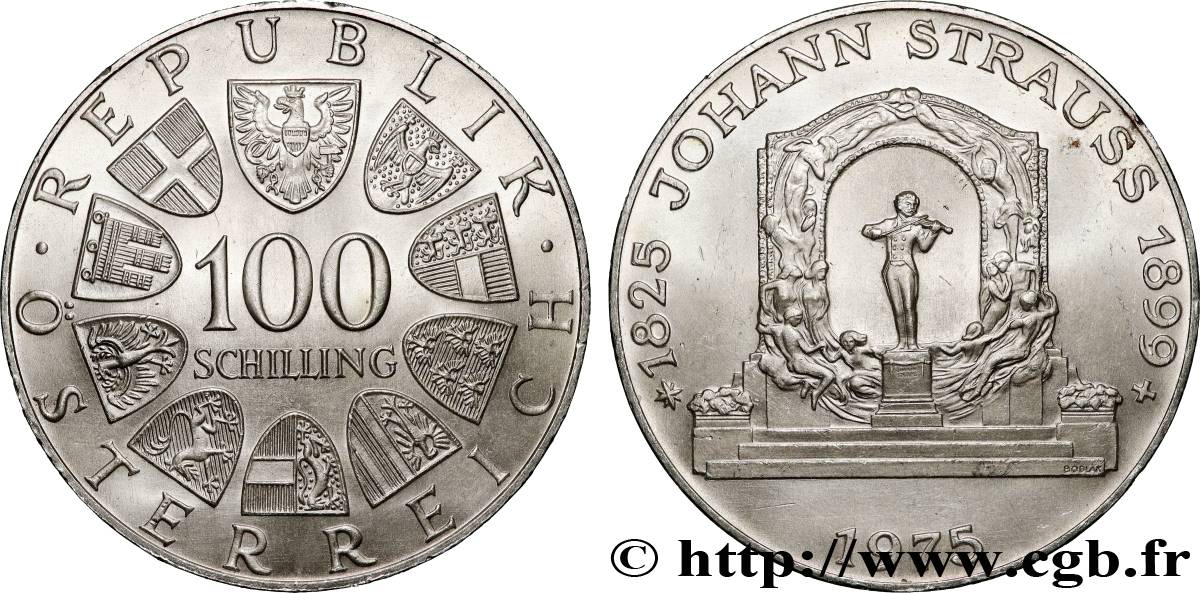 AUTRICHE 100 Schilling 150e anniversaire de la naissance de Johann Strauss 1975 Vienne SPL 