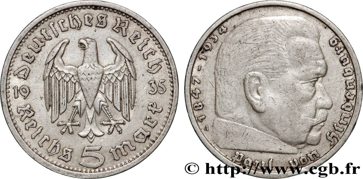 ALLEMAGNE 5 Reichsmark Maréchal Paul von Hindenburg 1935 Berlin TTB 