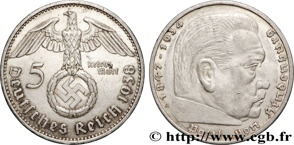 ALLEMAGNE 5 Reichsmark Maréchal Paul von Hindenburg 1938 Berlin TTB+ 