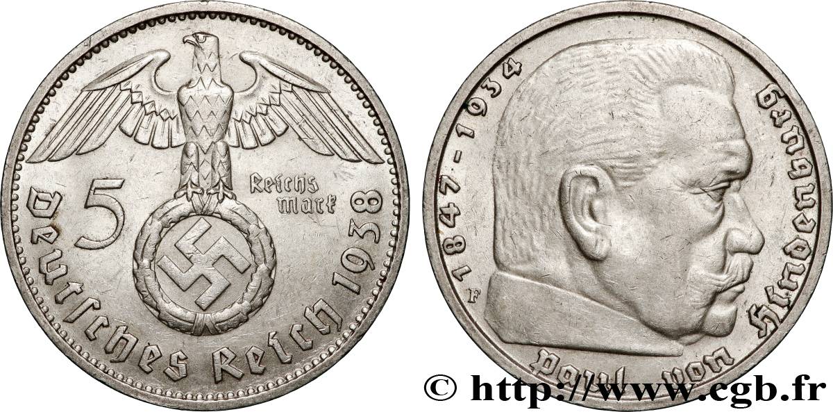 ALLEMAGNE 5 Reichsmark Maréchal Paul von Hindenburg 1938 Stuttgart TTB 