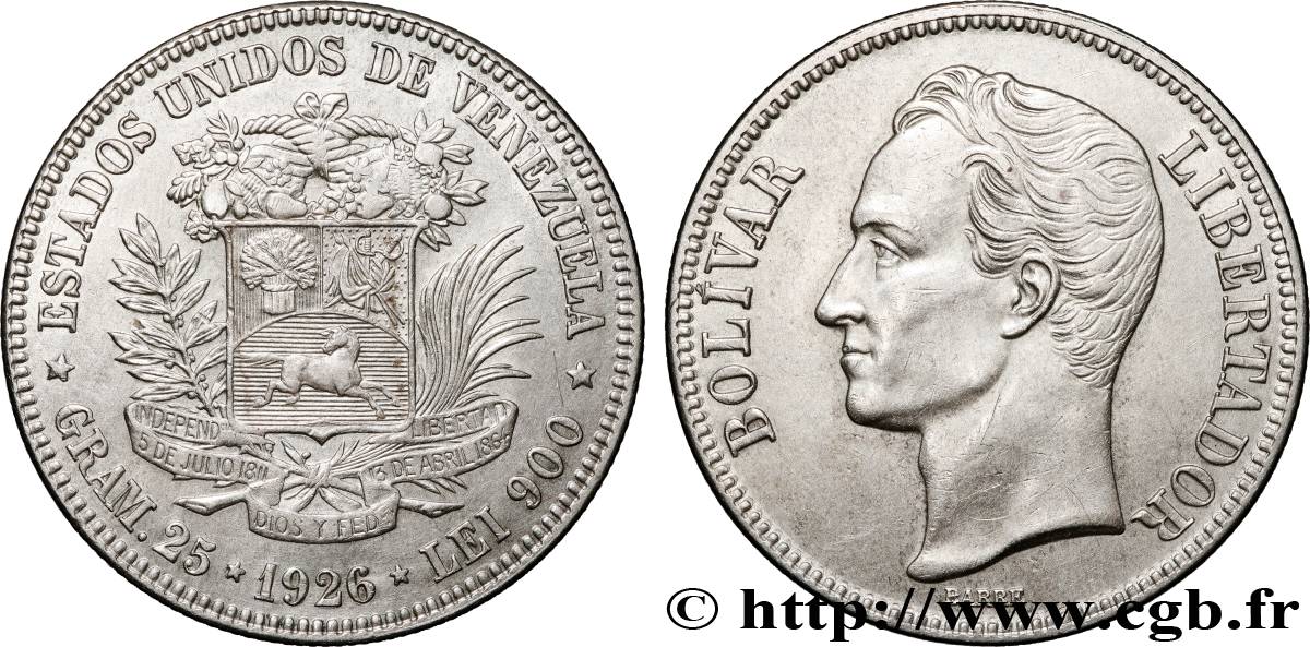 VENEZUELA 5 Bolivares Simon Bolivar 1926 Philadelphie fVZ 