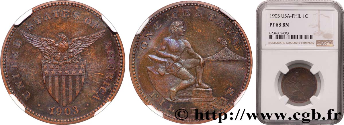 FILIPINAS 1 Centavo PROOF Administration Américaine forgeron et Mont Mayon 1903  SC63 NGC