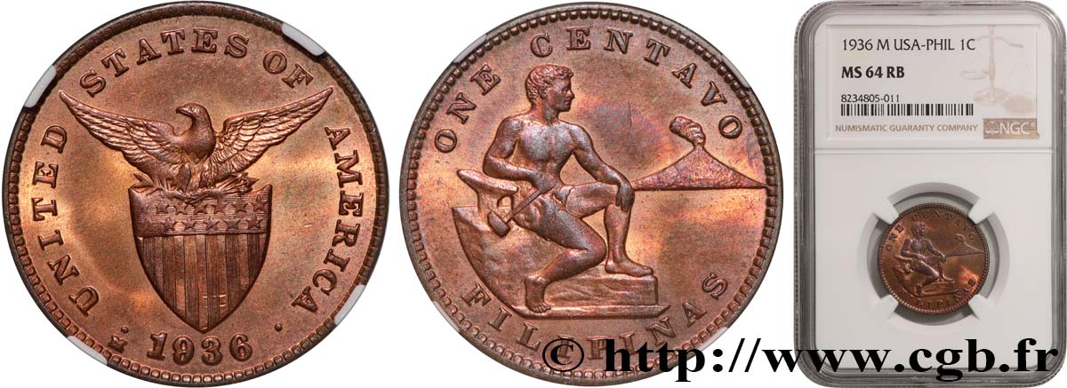 FILIPPINE 1 Centavo Administration Américaine forgeron et Mont Mayon 1936  MS64 NGC