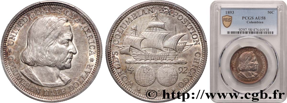 ÉTATS-UNIS D AMÉRIQUE 1/2 Dollar Exposition Colombienne de Chicago 1893 Philadelphie SUP58 PCGS