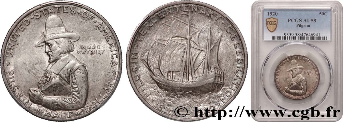 ÉTATS-UNIS D AMÉRIQUE 1/2 Dollar Tricentenaire de l’arrivée du Mayflower 1920  SUP58 PCGS