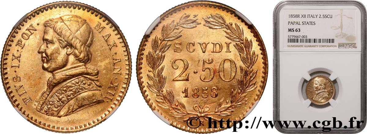 ITALIE - ÉTATS DU PAPE - PIE IX (Jean-Marie Mastai Ferretti) 2 1/2 Scudi 1858 Rome SPL63 NGC