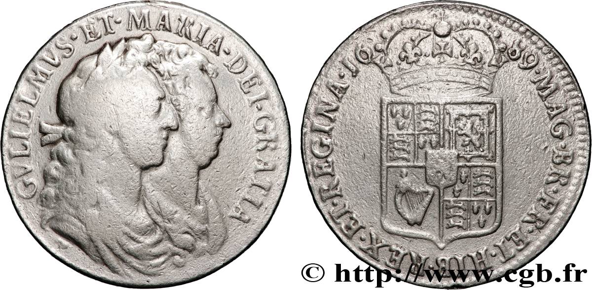 GREAT-BRITAIN - WILLIAM AND MARY 1/2 (Half) Crown  1689 Londres VF 