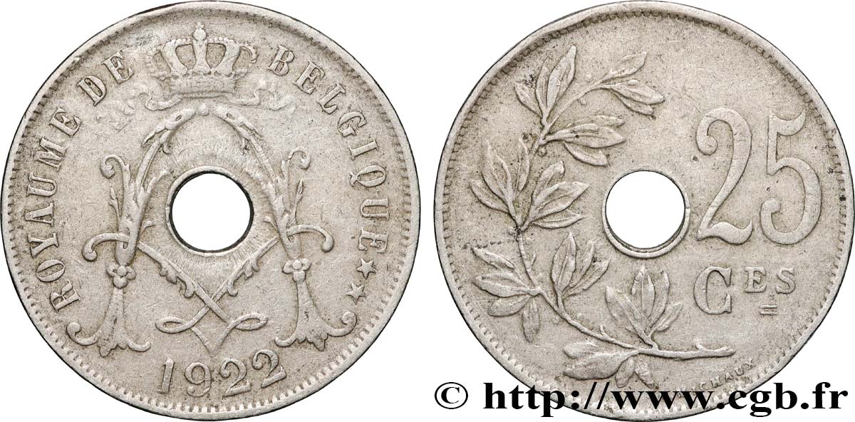 BELGIUM 25 Centimes Albert Ier 1922  XF 