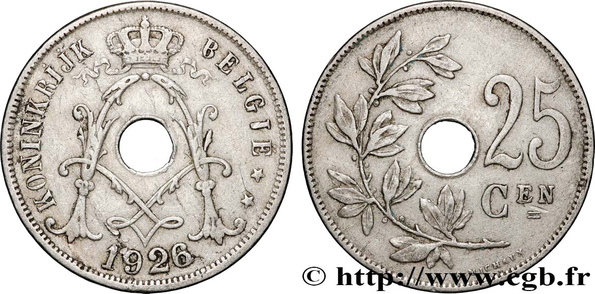 BELGIUM 25 Centiemen (Centimes) 1926  XF 