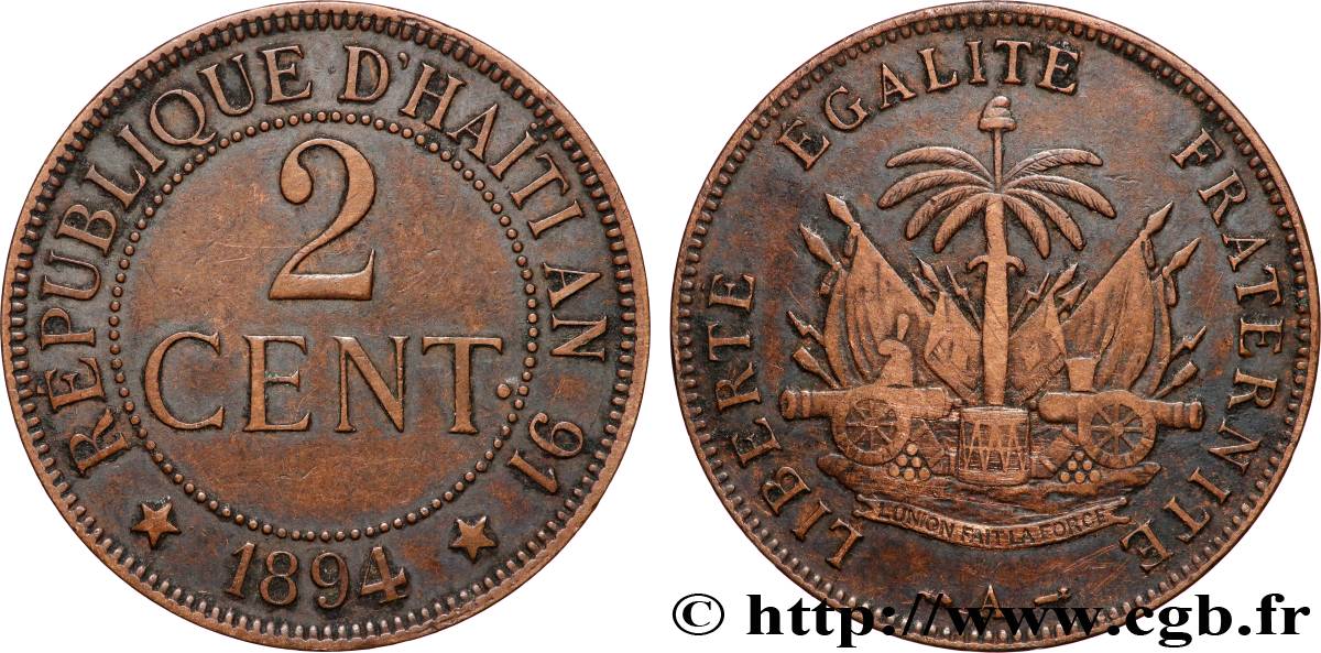 HAÏTI 2 Centimes emblème 1894 Paris TB+ 