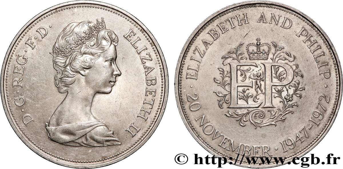 ROYAUME-UNI 25 New Pence (1 Crown) 25e anniversaire de mariage d’Elisabeth II 1972  SUP 