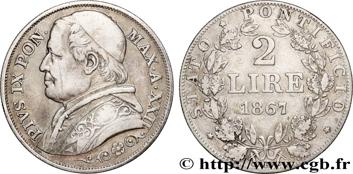 VATICAN ET ÉTATS PONTIFICAUX 2 Lire Pie IX an XXII 1867 Rome TTB 