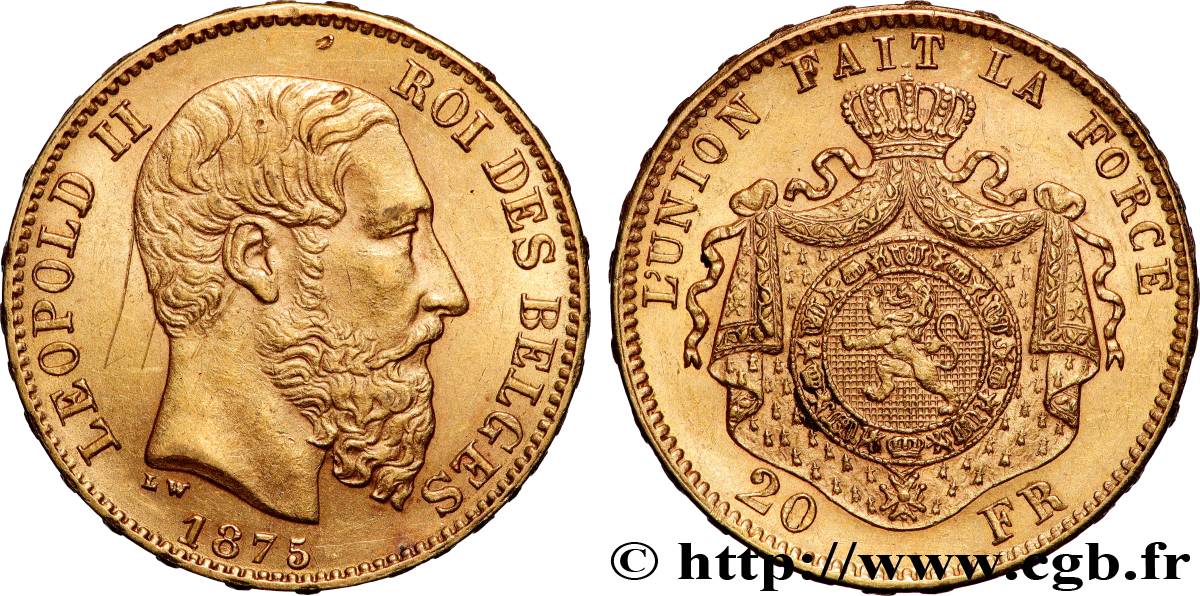 INVESTMENT GOLD 20 Francs Léopold II 1875 Bruxelles fVZ 