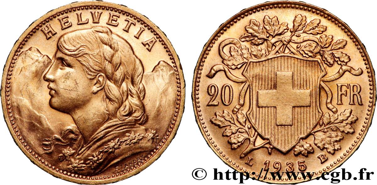 INVESTMENT GOLD 20 Francs  Vreneli  1935 Berne MS 