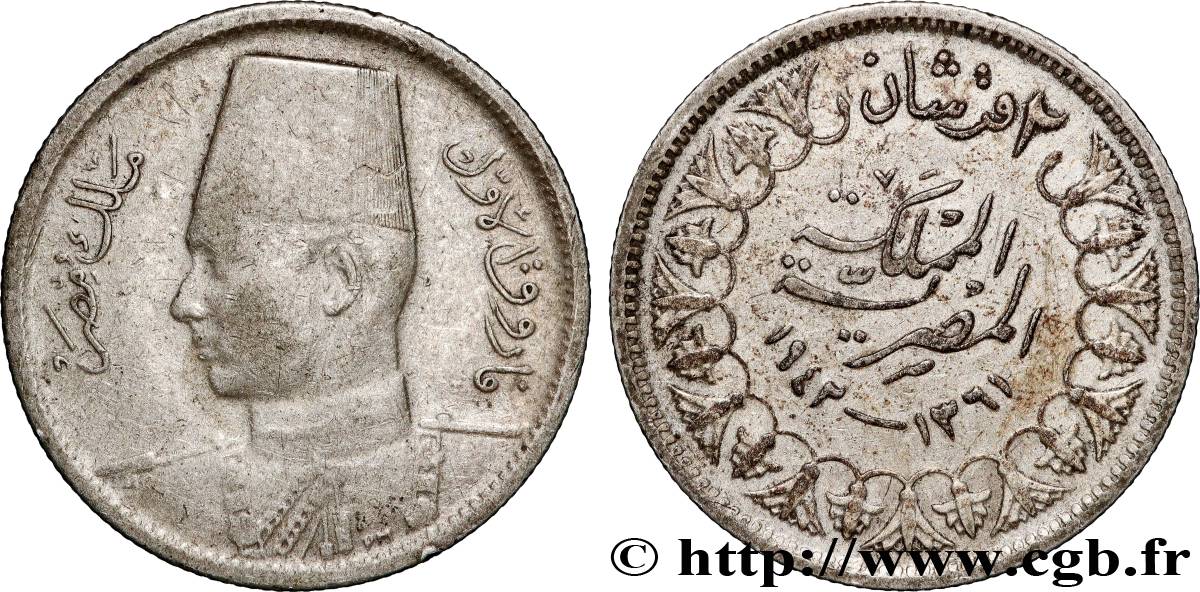 ÉGYPTE 2 Piastres Roi Farouk an AH1361 1942  TB+ 