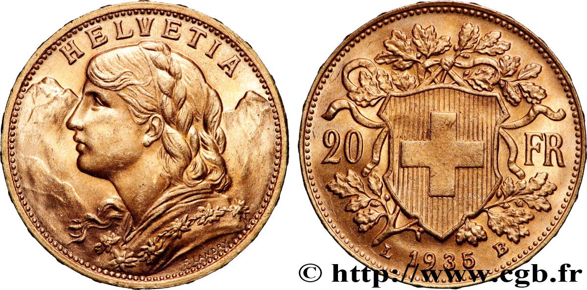 GOLD, PALLADIUM & PLATINUM INVESTMENT 20 Francs  Vreneli  1935 Berne MS 